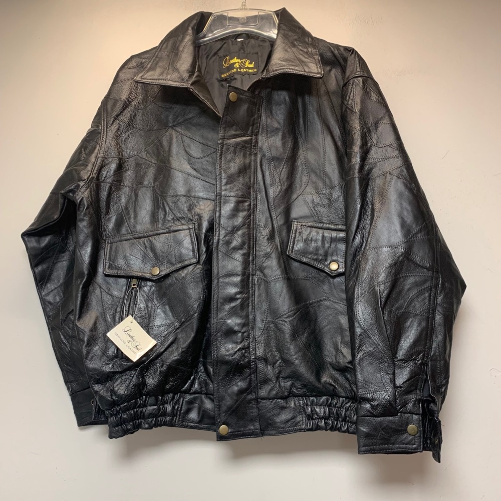 Leather & Soul Patchwork Bomber Jacket Mens Large Black NEW Genuine Leather Zip